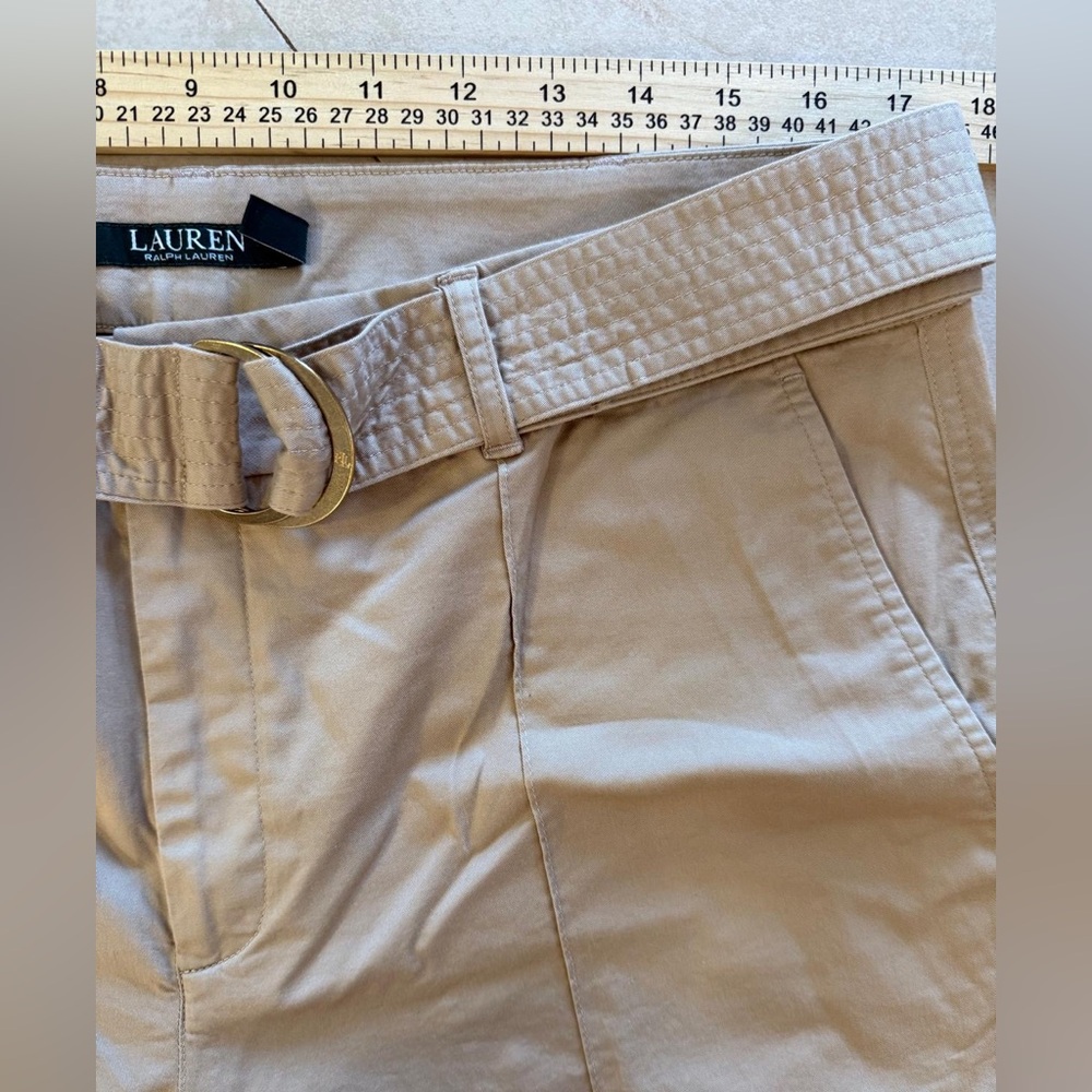 LAUREN Ralph Lauren Tan Belted Wide Leg Crop Pants Size 12 Chino Culottes - Picture 2 of 7